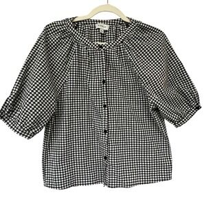 Evereve NWOT Gingham Blouse with Puff Sleeve. Black/White. Womens Small
